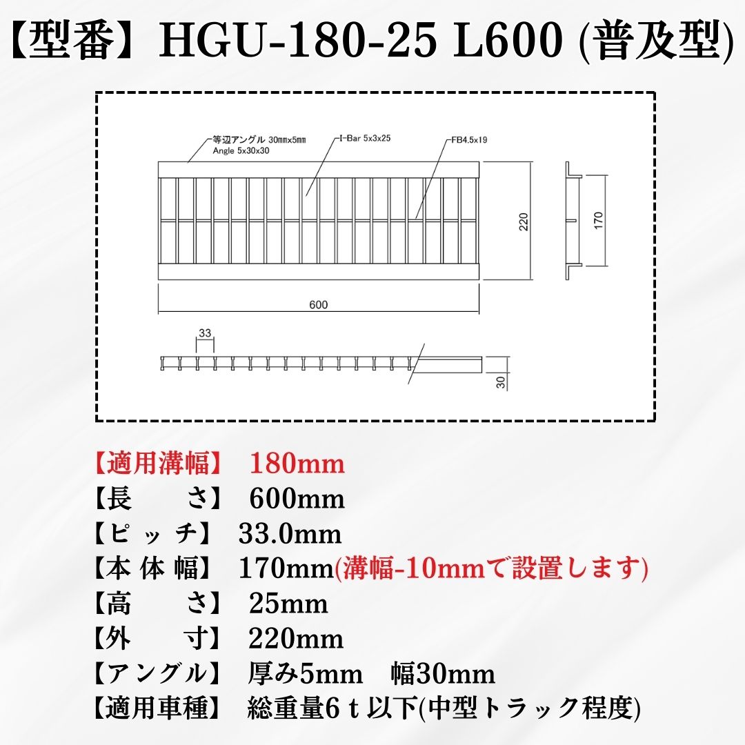 法山本店 グレーチング U字溝 HGU-180-25L600 溝幅180mm用 中型