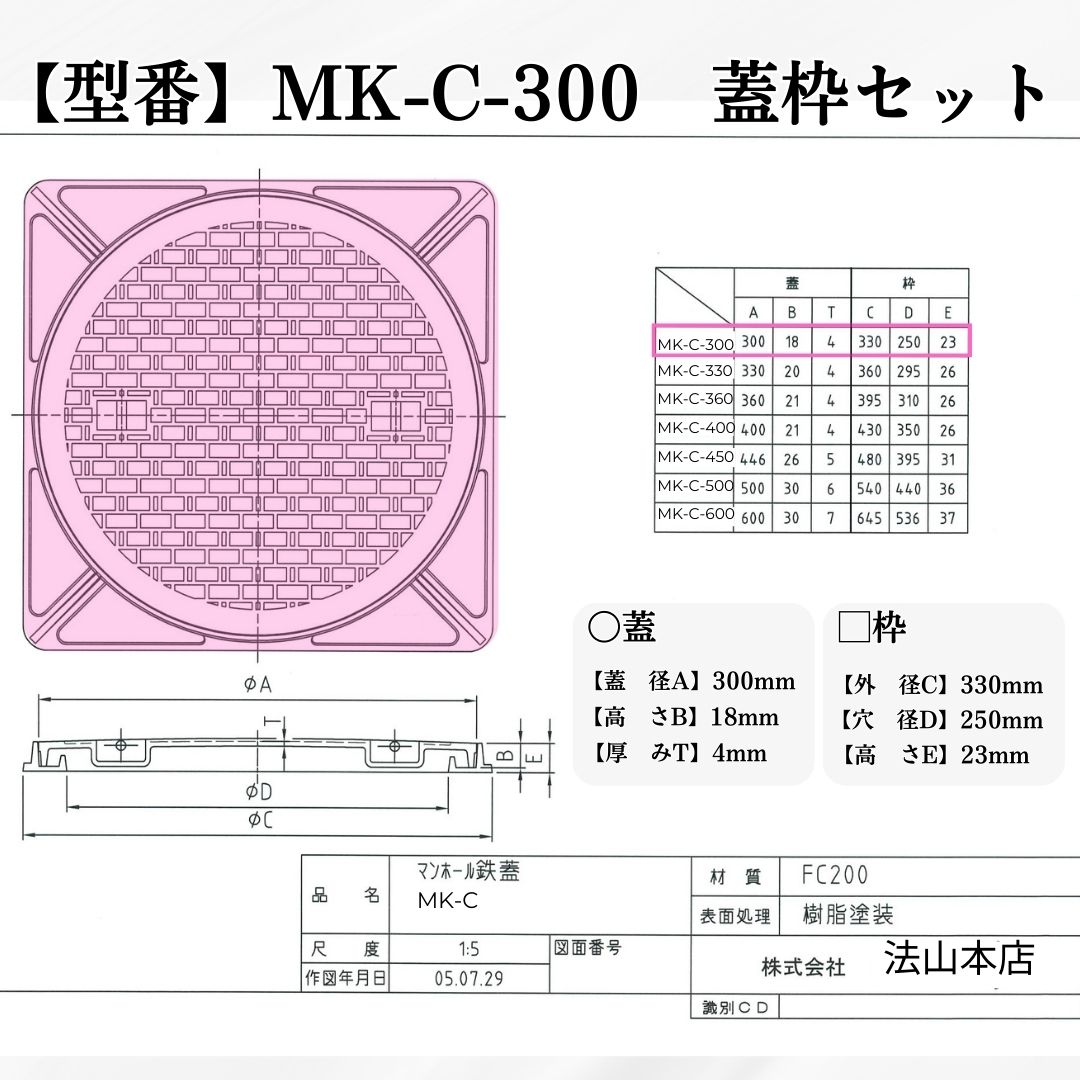 法山本店 マンホール 鋳鉄製 MK-C-300 蓋枠セット フタ外径300mm 穴径