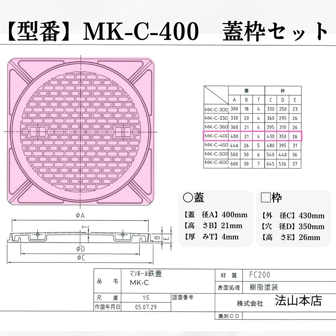法山本店 マンホール 鋳鉄製 MK-C-400 蓋枠セット フタ外径400mm 穴径