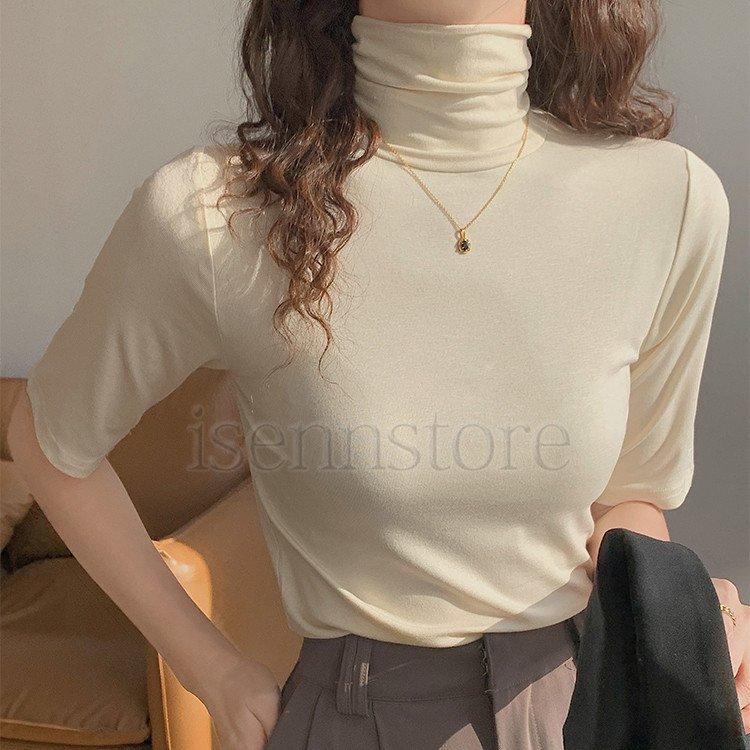 tシャツ レディース 春夏 半袖 タートルネック ハイネック  無地 カットソー ス uvカット 柔か インナー 伸縮性 薄手 5分袖 |  | 01