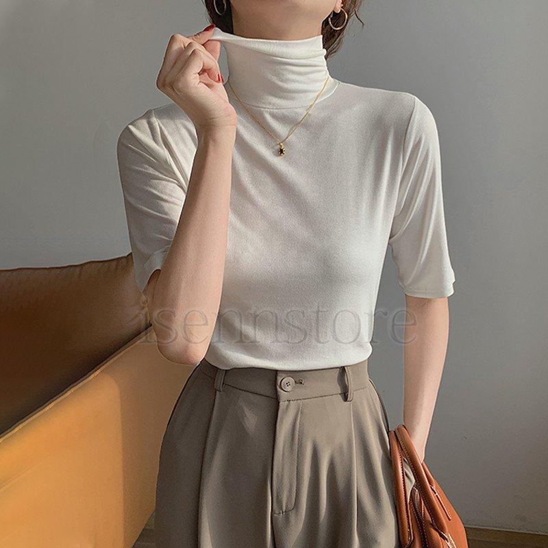 tシャツ レディース 春夏 半袖 タートルネック ハイネック  無地 カットソー ス uvカット 柔か インナー 伸縮性 薄手 5分袖 |  | 02