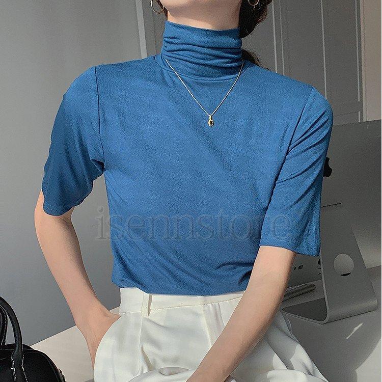 tシャツ レディース 春夏 半袖 タートルネック ハイネック  無地 カットソー ス uvカット 柔か インナー 伸縮性 薄手 5分袖 |  | 04