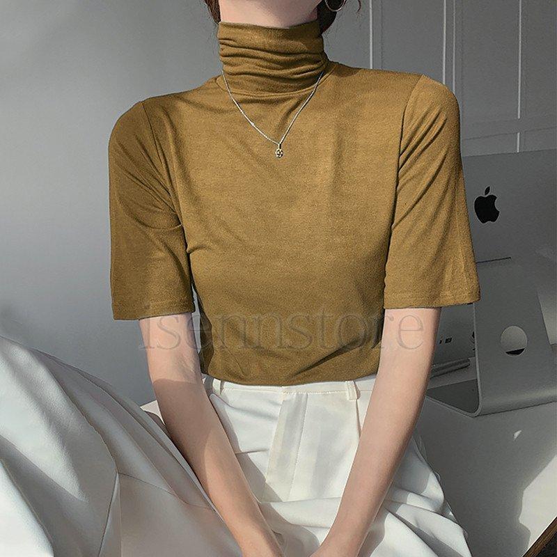 tシャツ レディース 春夏 半袖 タートルネック ハイネック  無地 カットソー ス uvカット 柔か インナー 伸縮性 薄手 5分袖 |  | 05