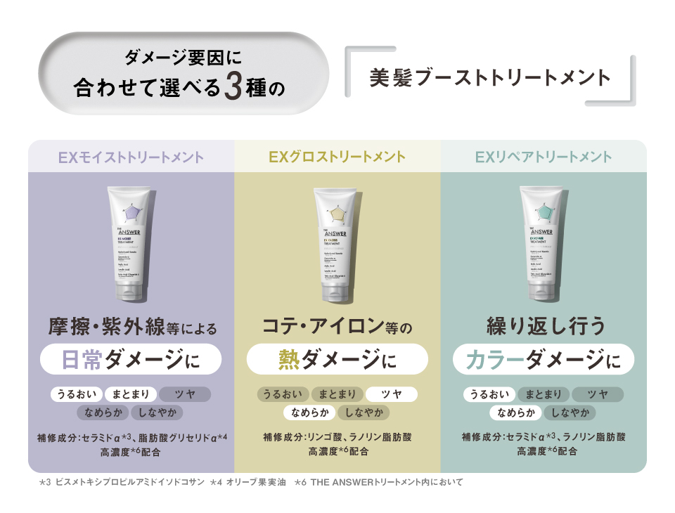 ダメージの原因に合わせて選べる3種の美紙ブースとトリートメント　日常のダメージ／熱のダメージ／カラーのダメージ