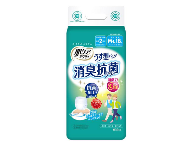 【大人用おむつ/紙パンツ】うす型2回分 M-L 消臭抗菌 肌ケアアクティ 1パック(18枚入) 日本製紙クレシア