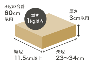 長辺23～31.2cm以内 短辺11.5～22.8cm以内 厚さ3cm以内* 重さ1kg以内*ご契約いただいた法人・個人事業主は厚さ2.5cmまで