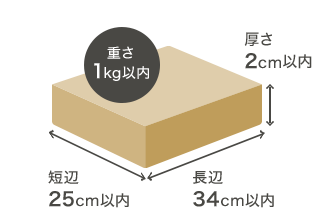 ゆうメール長辺34cm以内、 短辺25cm以内、厚さ3cm以内　重さ1kg以内