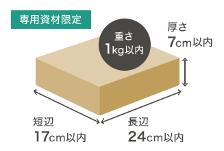 ゆうパケットプラス長辺24cm以内、 短辺17cm以内 厚さ7cm以内 重さ1kg以内専用資材限定