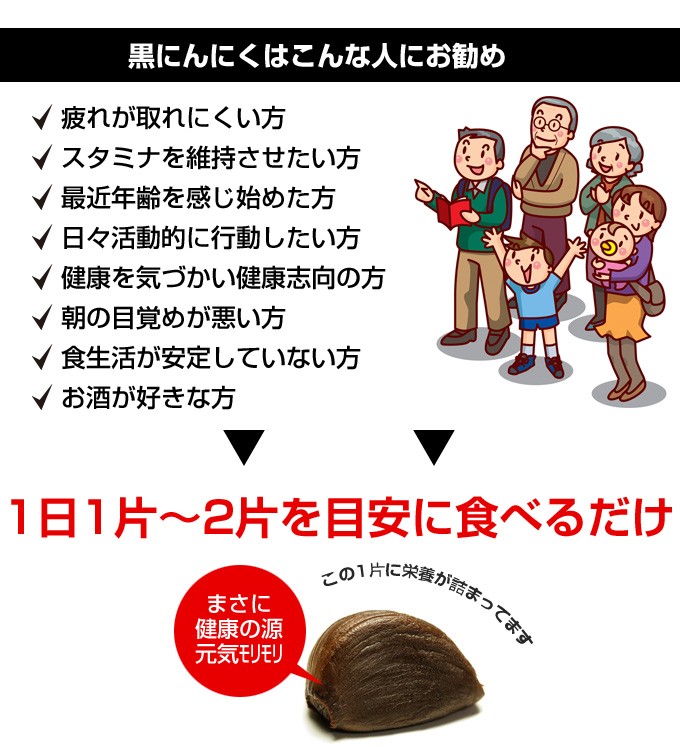 黒にんにくはこんな人にお勧め疲れが取れにくい方スタミナを維持させたい方最近年齢を感じ始めた方日々活動的に行動したい方健康を気づかい健康志向の方朝の目覚めが悪い方食生活が安定していない方お酒が好きな方1日1片〜2片を目安に食べるだけ