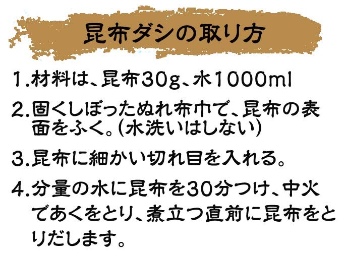 昆布ダシの取り方 1.材料は、昆布30g、水1000ｍｌ2.固くしぼったぬれ布巾で、昆布の表面をふく。（水洗いはしない）3.昆布に細かい切れ目を入れる。4.分量の水に昆布を30分つけ、中火　であくをとり、煮立つ直前に昆布をとりだします。