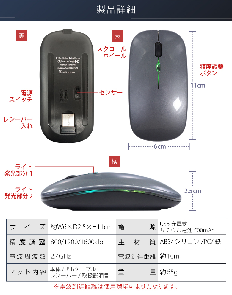 ワイヤレスマウス 7色ライト付き 充電式 静音 薄型 無線マウス 光学センサー 光学式 光るマウス 高感度 軽量 USB充電 2.4GHz ゲーミング マウス :a0355:発掘市場 通販 