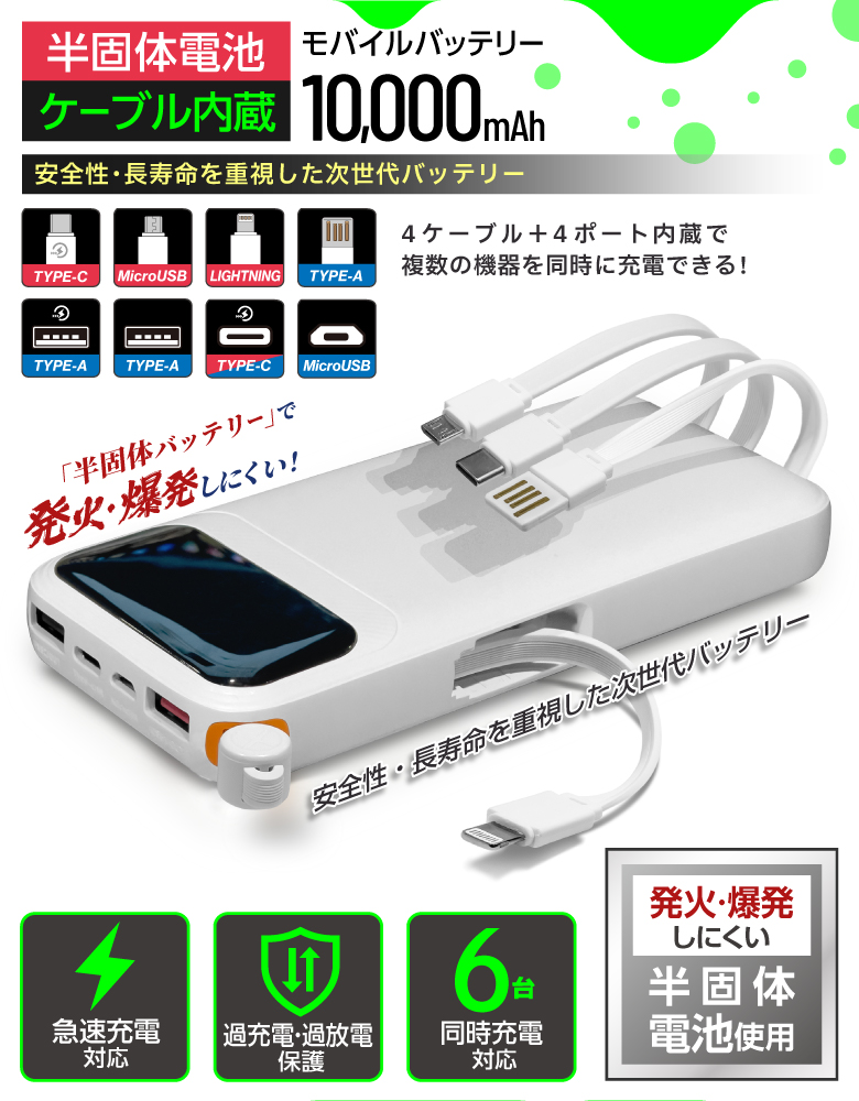ケーブル内蔵半固体モバイルバッテリー