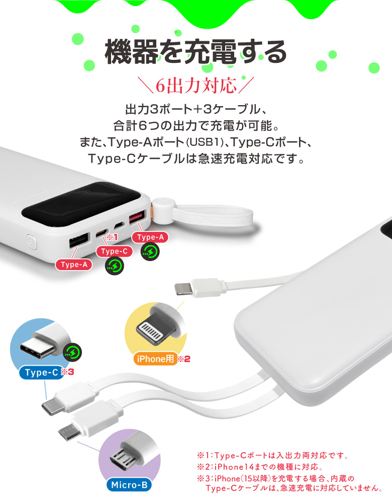 なおまみれい〜ケーブル３個バッテリー２個 準固体電池 モバイルバッテリー 燃えにくい ケーブル内蔵 10000mAh 半