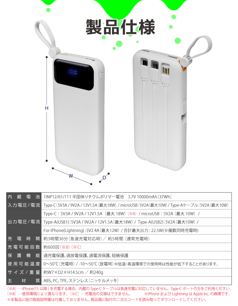 ケーブル内蔵半固体モバイルバッテリー