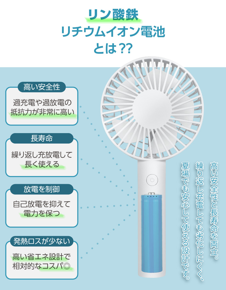 ハンディファン 燃えにくい リン酸鉄電池 手持ち扇風機 携帯扇風機 PSE