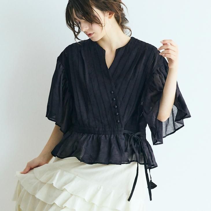 MAGALI マガリ 天日干しコットンローン フリル袖 ブラウス MAGALI（マガリ） | コットンレース・カシュクールブラウス (ブラック