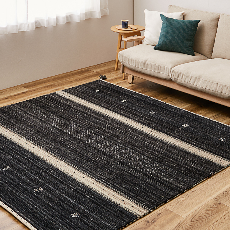 ギャベ　ストライプデザインラグ 　　　マット HAGiHARA ラグ カーペット ギャッベ 2畳 140×200cm 白 黒