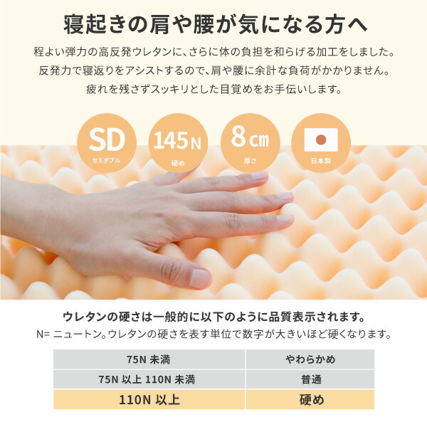 マットレス セミダブル SD カバー付き 120×195×8cm 日本製 硬め 高反発