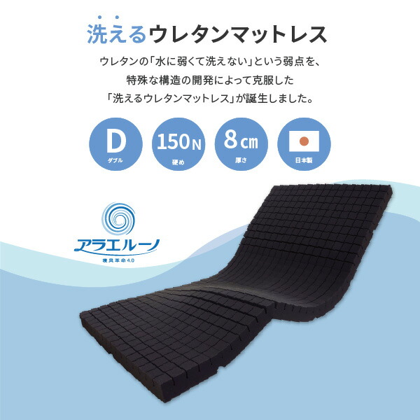 マットレス 洗える 約140×195×8cm ダブル D 3つ折り 三つ折り 硬め 150N 専用ネット付き 洗えるウレタンマットレス アラエルーノ｜hagihara6011｜03