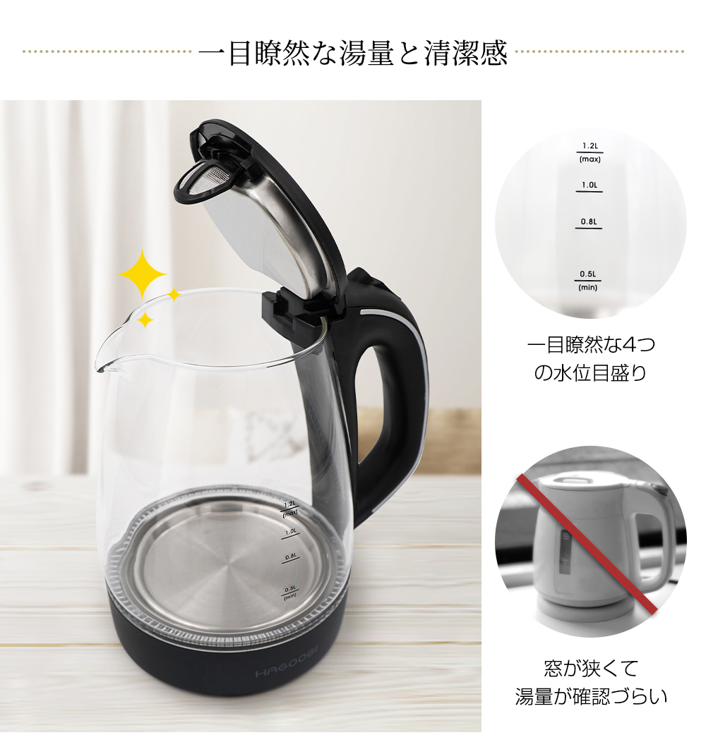 18ヶ月保証】【P5倍】HAGOOGI 電気ケトル ガラス おしゃれ 1.2L 電気