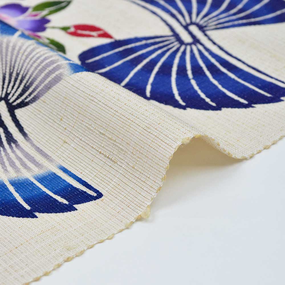 名古屋帯　縮緬　紺色　紅型 紅型染九寸名古屋帯 仕立て込み 知念初子 本場琉球帯 紗綾型 花 白