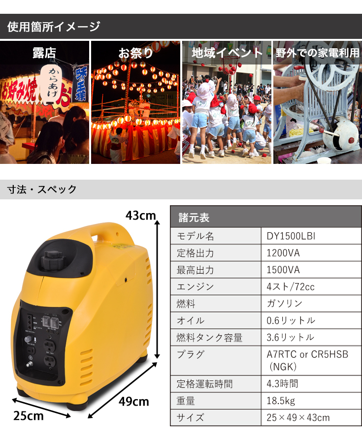 ハイガー公式 インバーター発電機 静音 小型 家庭用 ガソリン 1200W 最大1500W 正弦波 DY1500LBI 1年保証 :  ysdy1500lbin : HAIGE - 通販 - Yahoo!ショッピング