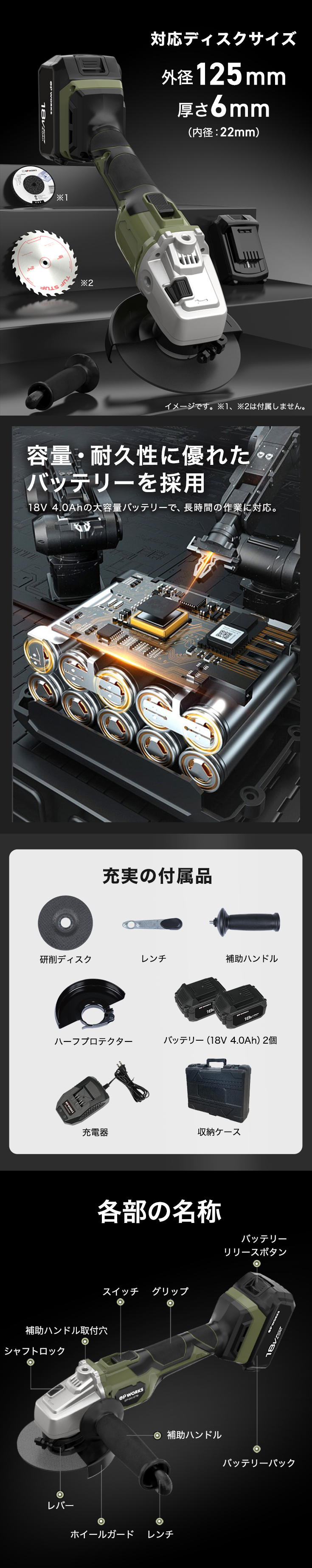 HAIGE（ハイガー） ディスクグラインダー 18V 電動 コードレス 軽量