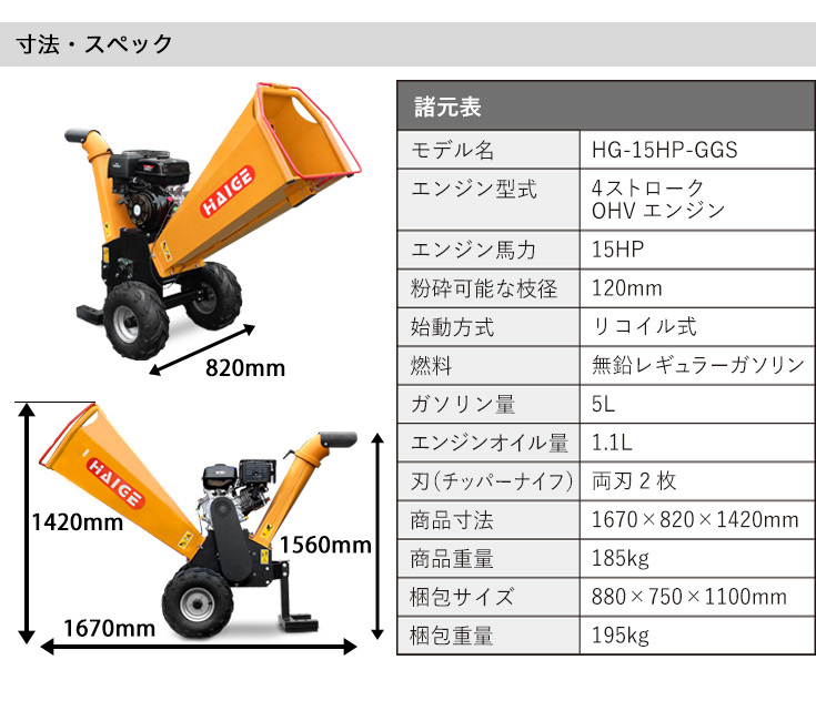 ☆中古品 ハイガー産業 エンジン粉砕機 ウッドチッパー 15馬力 JF420 