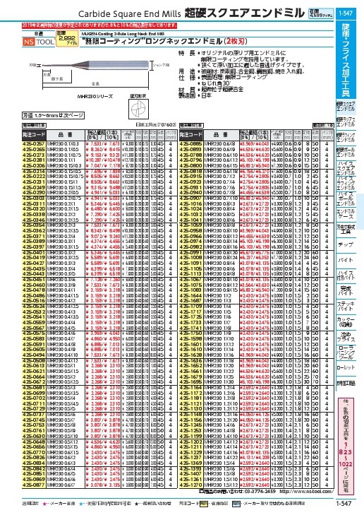 NS 無限コーティング ロングネックスクエアエンドミル MHR230 φ0.15X0