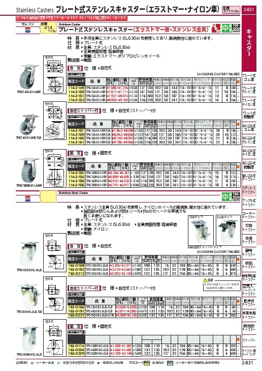 ＳＡＭＳＯＮＧ ステンレスキャスター 固定 エラストマー １５０ｍｍ