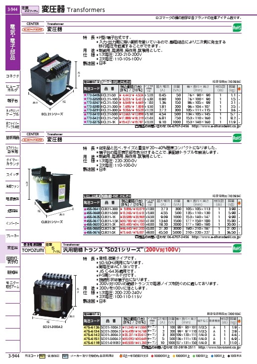 CENTER 変圧器 最大電流(A)18.20 容量(VA)2000 ( CLB21-2K ) 相原電機