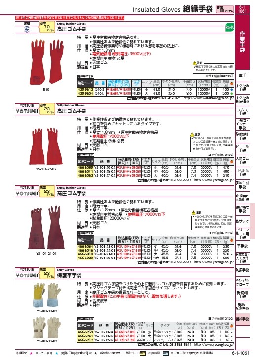 ワタベ 絶縁手袋 高圧ゴム手袋(NU型・そでぐり有)410mm大 ( 510L