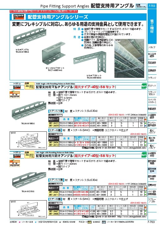 TRUSCO 配管支持用マルチアングル ステンレス L1800 1S(箱)=5本 ( TKLM