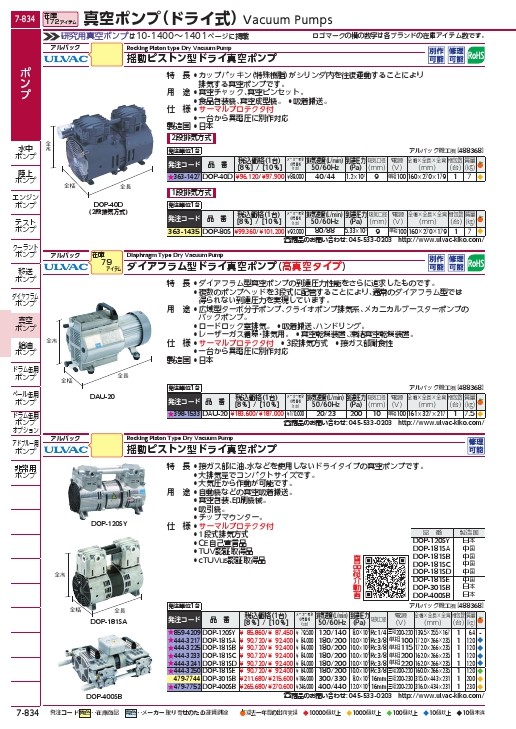 ULVAC 単相100V 揺動ピストン型ドライ真空ポンプ ( DOP-80S ) (株