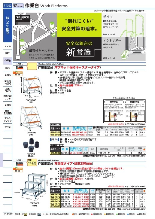 TRUSCO アルミ製作業用踏台 マグネット保持キャスター 高さ0.9m3段