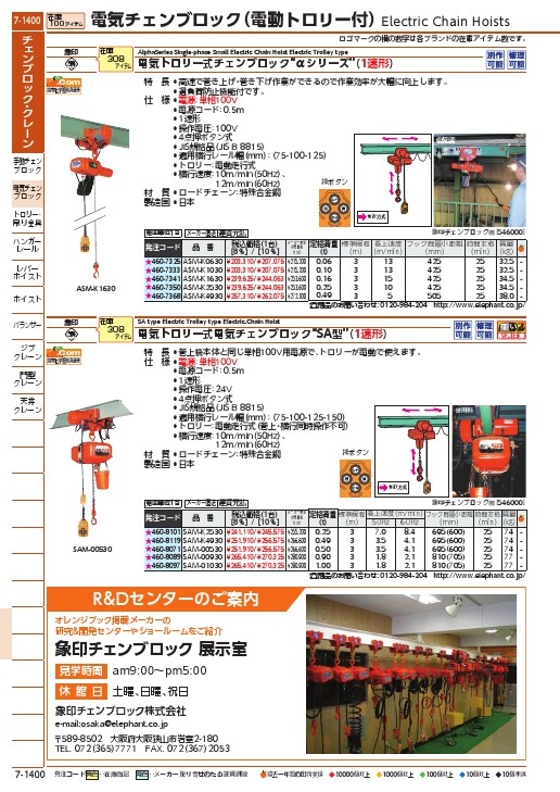 象印 単相100V電気トロリ結合式小型電気チェーンブロック(1速型)490KG