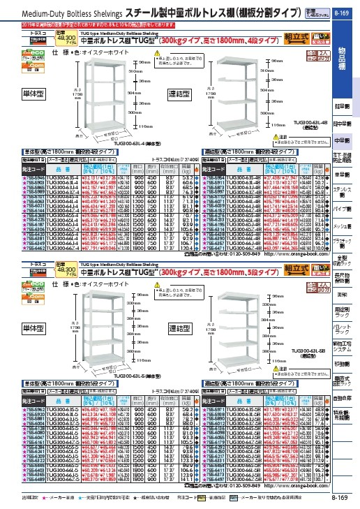 TUG型中量棚300kg 単体型 955×776×H1800 5段 ※メーカー直送品 車上渡し