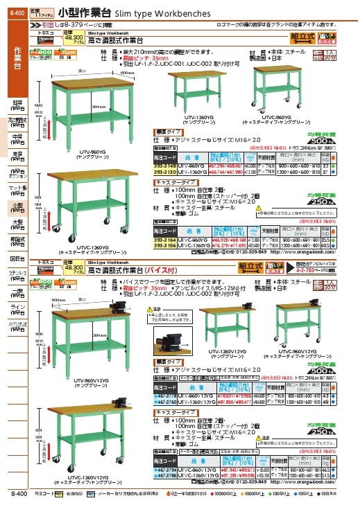 TRUSCO UTVC型移動作業台 1200X600 バイス・車輪付 ヤンググリーン色