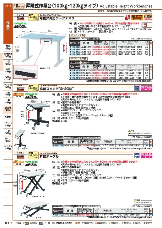 TRUSCO 昇降テーブル120kg ガス式 450X900XH390-800 ( SHTG-120-90