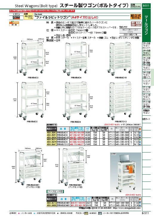 TRUSCO ツールワゴン ファイルラビット 540X330XH840 A4深引出X2 ( FRB