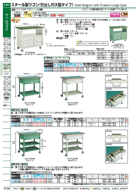 SALE価格】TRUSCO VD型引出付大型ツールワゴン 1010X600XH880