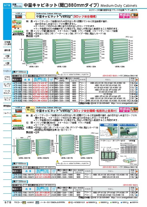 TRUSCO VE9S型中量キャビネット 880X550XH1200 引出8段 ( VE9S-1203