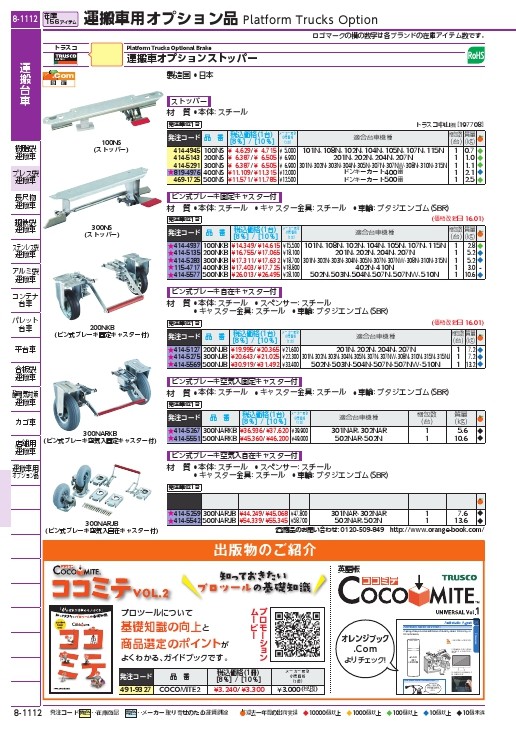 TRUSCO プレス製台車 ドンキーカート 500番用ブレーキ固定車輪付