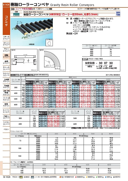 三鈴 樹脂ローラコンベヤＭＲ５０Ｂ型Ф５０Ｘ３．５Ｔ 幅５００ １Ｍ