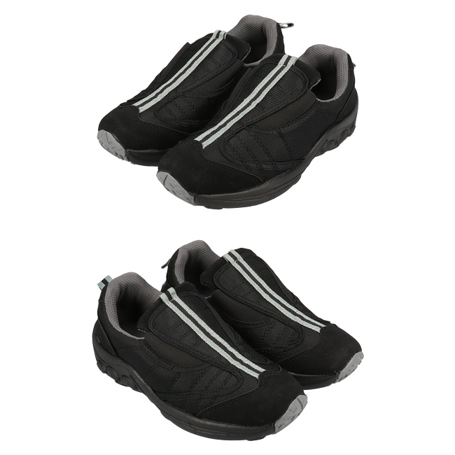 靴 S レディース モック スニーカー 黒 軽量 厚底 幅広 ワイド スリッポン