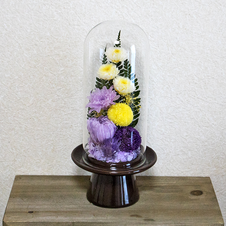 木の台座に大きなガラスドーム仏花 供養のプリザードフラワー 紫系 プリザーブドフラワー 仏花 仏壇用 ガラスドーム 大型 bd992 TENMOKU