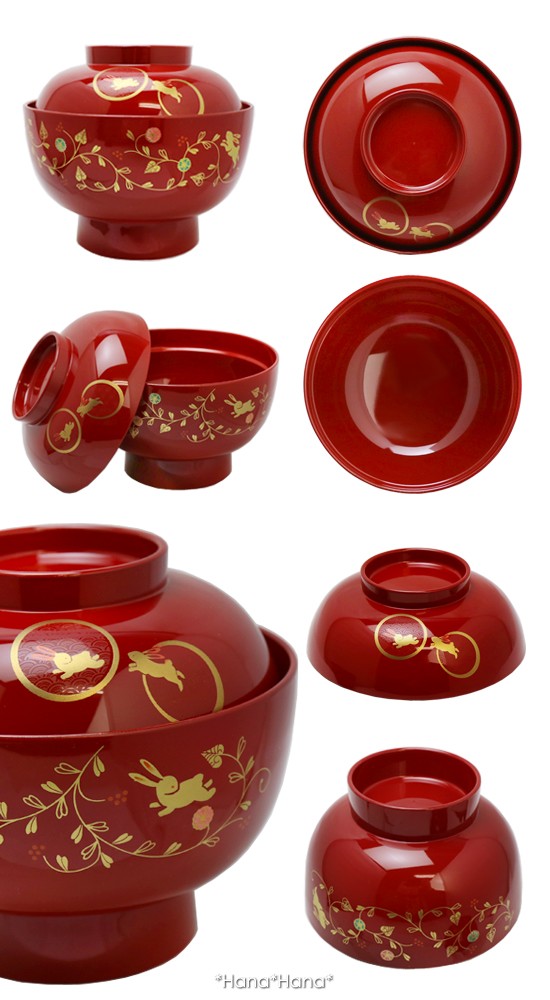 うさぎ唐草 ふた付き 高台 雑煮椀 13.5cm (総朱 レッド) 漆器 山中塗