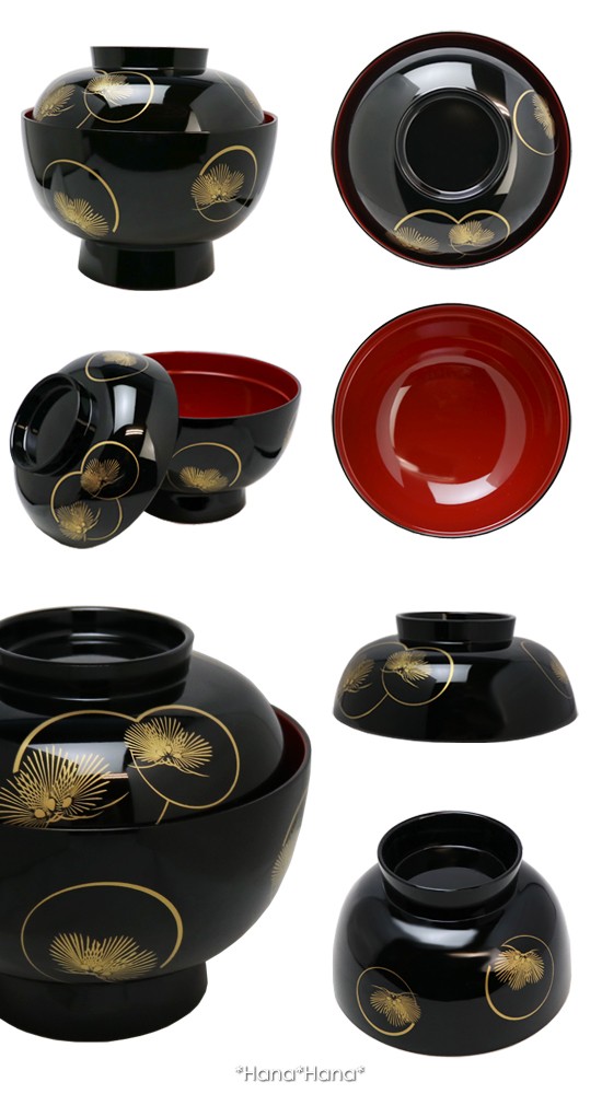 光輪松 ふた付き 高台 雑煮椀 13.5cm (黒内朱 ブラック) 漆器 山中塗