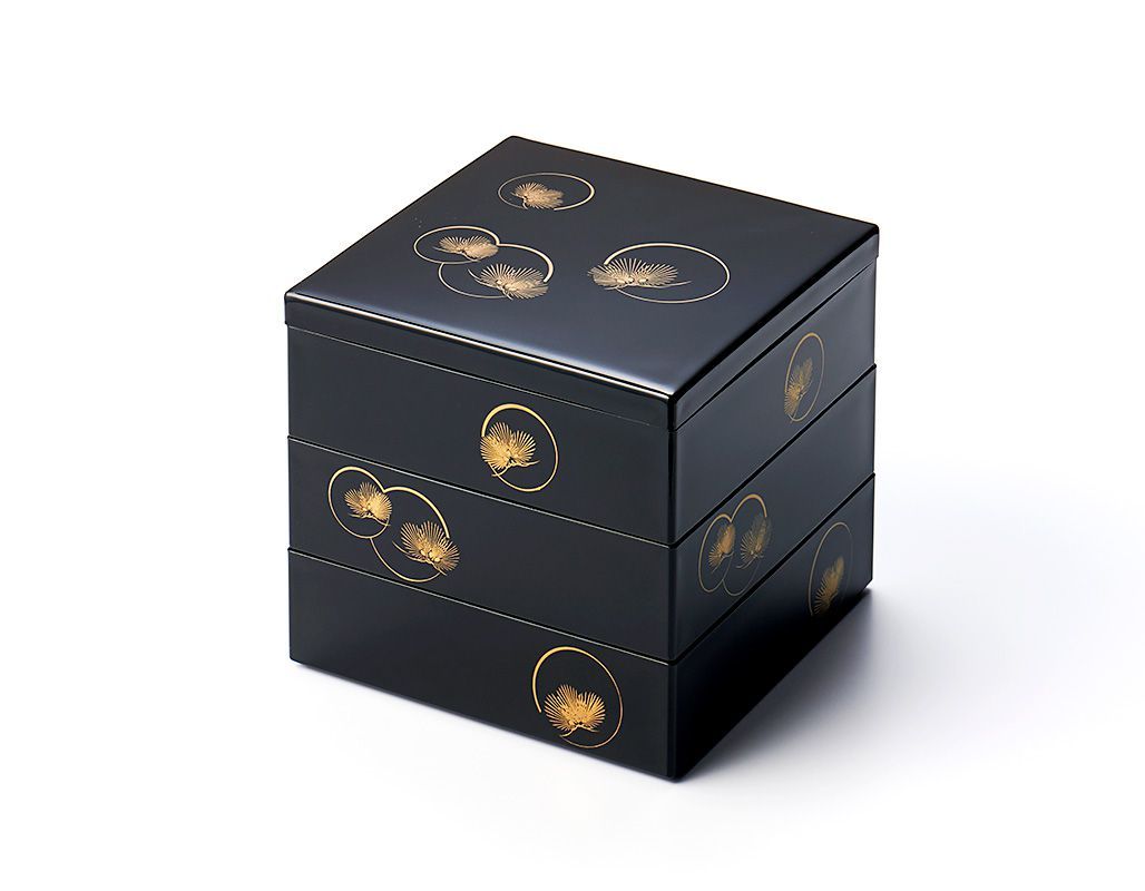 光輪松 三段重箱 19.8cm ブラック 漆器 山中塗 // 和食器 お重 重箱