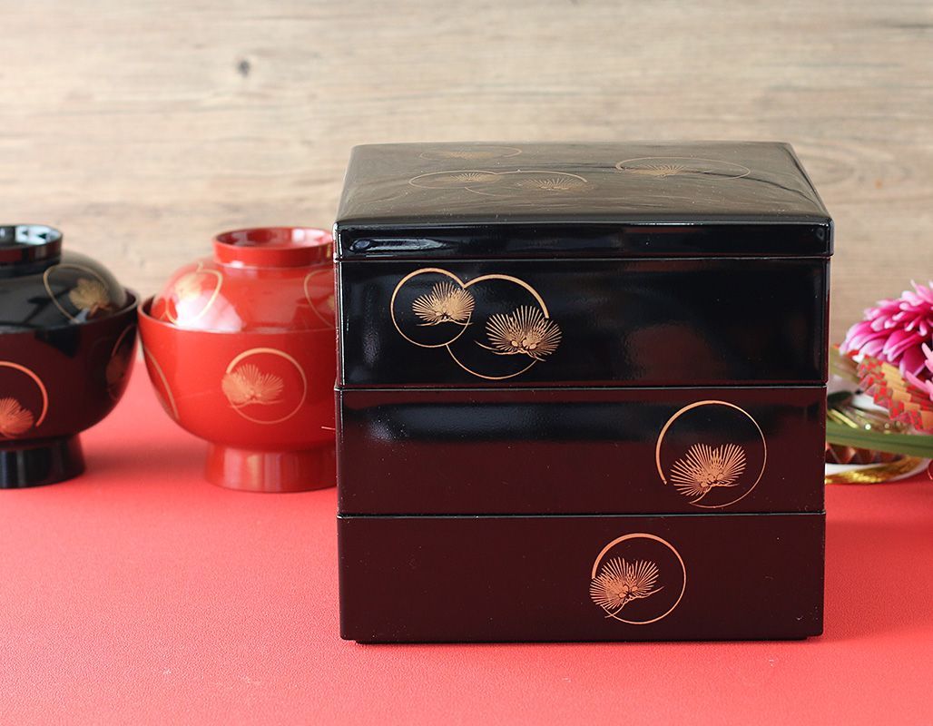 光輪松 三段重箱 19.8cm ブラック 漆器 山中塗 // 和食器 お重 重箱